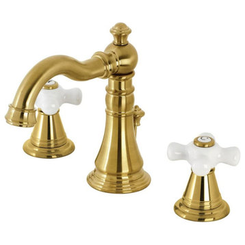 Bathroom Faucet, Widespread Design With Crossed White Levers, Brushed Brass