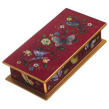 Novica Handmade Butterflies On Burgundy Reverse-Painted Glass Decorative Box