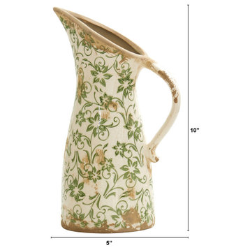 10" Tuscan Ceramic Green Scroll Pitcher Vase
