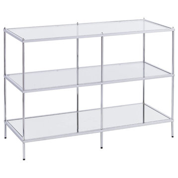 Glam Console Table, Chrome Metal Frame With 2 Glass Tiers & Mirrored Lower Shelf