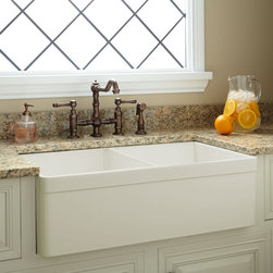 33" BALDWIN DOUBLE-BOWL FIRECLAY FARMHOUSE SINK - DECORATIVE LIP - BISCUIT - Kitchen Sinks