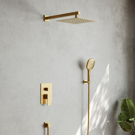 Pressure Balanced Shower System with 3-Setting Hand Shower, Brushed Gold, 10"