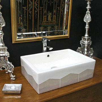 Gold Chevron Painted Vessel Sink in Elegant Black Powder Room