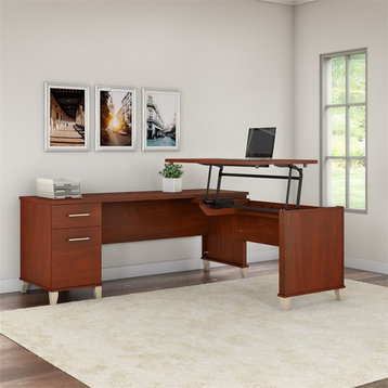 Pemberly Row 72W 3 Position Sit to Stand L Desk in Hansen Cherry