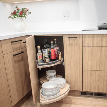 Walnut Creek Japandi kitchen with custom cabinets and corner rollout feature
