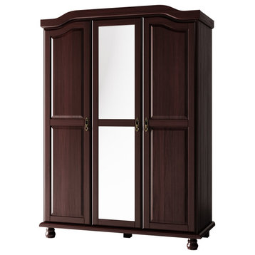 100% Solid Wood Kyle 3-Door Wardrobe With Mirror, Java