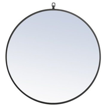 Metal Frame Round Mirror With Decorative Hook 28 Inch Black Finish