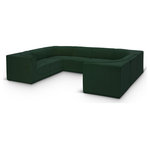 Meridian Furniture - Ollie Black Boucle Fabric U-Shaped Modular Sectional, Green, 8-Piece: 4 Armless Chair, 4 Corner Chair - Meet the epitome of style and functionality with this Ollie boucle fabric living room sectional, part of the Ollie modular collection. A contemporary marvel, this sectional features chic and inviting rich green boucle fabric upholstery, giving it a sumptuous texture that oozes elegance and luxury. Curved corners add to the visual look of the sectional while maximizing seating comfort while lounging, reading, or entertaining. Pair it with other items in the Ollie collection easily, thanks to an attachment latch underneath.