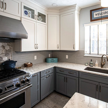 Two Tone Medallion White and Blue Kitchen with Gray Backsplash