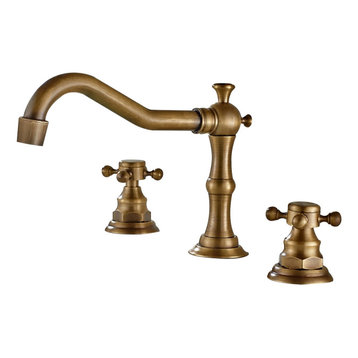 Double Handle Bathroom Widespread Sink Faucet Victorian Spout, Antique Brass