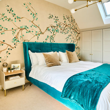 Loft bedroom with a beautiful spring wall mural