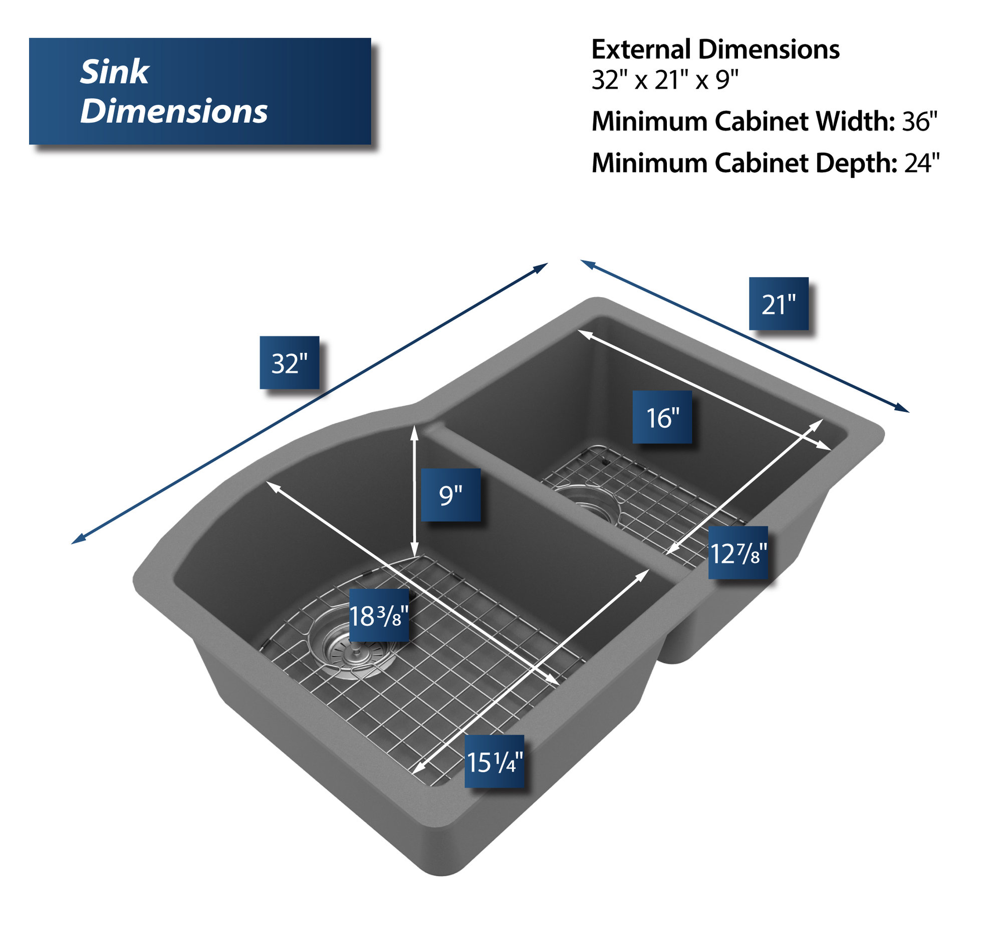 Karran Undermount Quartz 32" 60/40 Double Bowl Kitchen Sink Kit, Grey