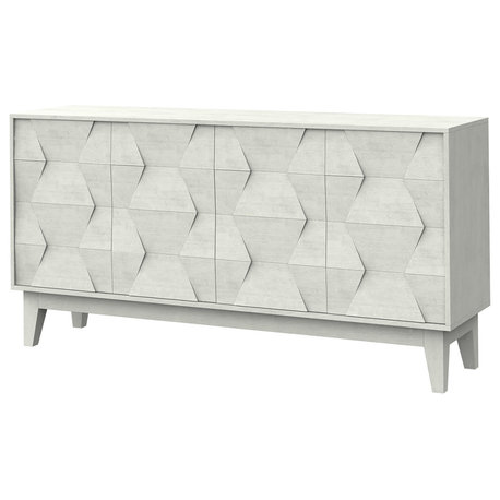 Modern 60" Wide Sideboard with Hexagonal Embellishments & Solid Wood Legs, White