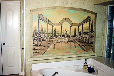 Bathroom - large mediterranean master beige tile and ceramic tile ceramic tile bathroom idea in Houston with recessed-panel cabinets, white cabinets, a two-piece toilet, beige walls, an undermount sink and granite countertops