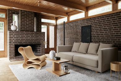 Design ideas for a midcentury living room in Other with medium hardwood floors, a standard fireplace, a brick fireplace surround, wood and brick walls.