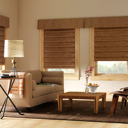 Transitional Brown Living Room Custom Window Roman Shades by Hunter Douglas - Roman Shades