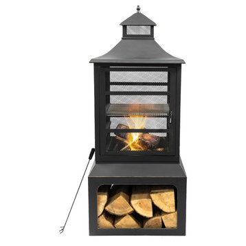 26" Square Outdoor Steel Fireplace, Cooking Grill and Log Storage