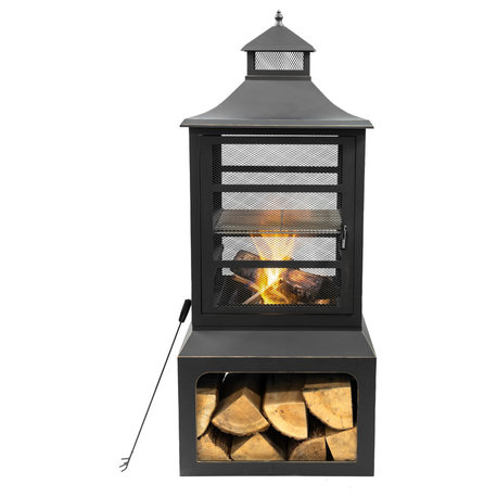26" Square Outdoor Steel Fireplace, Cooking Grill and Log Storage