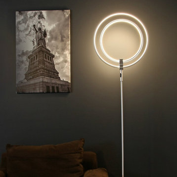 Eclipse LED Floor Lamp, Double Rings of Light Bring, Silver Finish