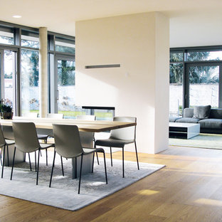 Exemple d'une grande salle à manger ouverte sur le salon tendance avec un mur blanc, un sol en bois clair, un poêle à bois, un manteau de cheminée en béton et un sol beige.