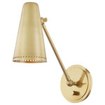 Bailey Street Home - -1 Light Wall Sconce in Contemporary/Modern Style-5.5 Inches Wide by 13 Inches - -1 Light Wall Sconce in Contemporary/Modern Style-5.5 Inches Wide by 13 Inches High-Aged Brass Finish .  Light shines down from Camden Broadway's sleek metal shade and delicately pours through its perforations. Adjust both the angle of the arm as well as the shade to direct light where it is needed most. The round backplate also features an on/off switch to put light at your fingertips. Choose from Aged Brass Old Bronze or Polished Nickel.