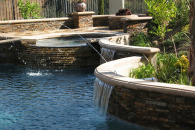This is an example of a large backyard custom-shaped pool in Orange County.