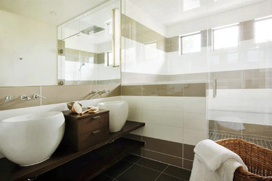 Alcove shower - large contemporary master alcove shower idea in Denver with open cabinets, dark wood cabinets, a vessel sink and wood countertops