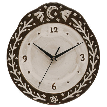 10.75" Embossed Stoneware Clock, Night Sky Design, Reactive Glaze, Brown, White