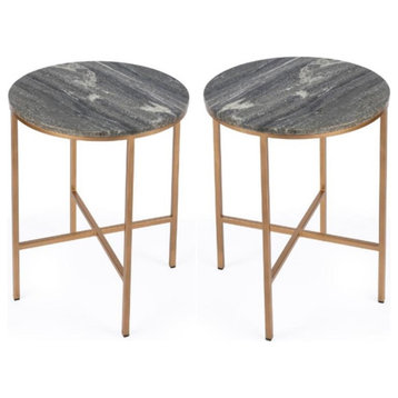 Home Square Modern Marble End Table in Gray and Gold - Set of 2