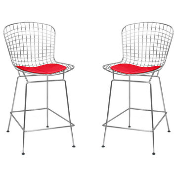 Mid Century Modern Chrome Wire Counter Stool, Set of 2, Red