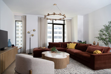 Mid-sized trendy open concept light wood floor living room photo in New York with white walls