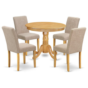 5Pc Round 36" Table And 4 Parson Chair With Oak Leg And Linen Fabric Light Fawn