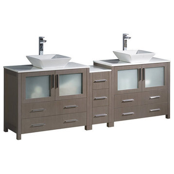 Torino 84" Double Sink Bathroom Cabinet With Top and Vessel Sink, Gray Oak
