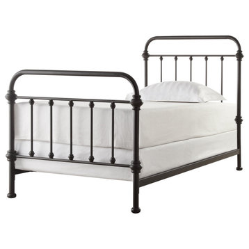 Solid Bed Frame, Spindle Accent Metal Construction, Antique Dark Bronze, Twin