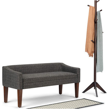 Contemporary Upholstered Bench, Dark Grey Tweed Look Seat With Swooped Arms