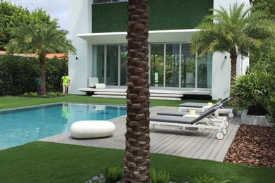 Inspiration for a large modern backyard rectangular pool in Miami with decking.