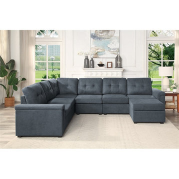 Isla Gray Woven Fabric 7-Seater Corner Sectional Sofa with Ottoman