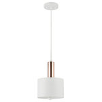 Novogratz x Globe Electric - Novogratz x Globe 1-Light Matte White Pendant Light - Bring character to a small dining nook, add light above a kitchen island, or make a statement in the foyer with the Novogratz x Globe Pendant Light. The metal matte white drum shade is expertly highlighted by a rose gold accent that adds the perfect touch of sophisticated style to an otherwise simple silhouette. Perfect for adding a pop of color, this pendant is an ideal size and can be used in any room. Decorate with the Novogratz and Globe Electric - lighting made easy.