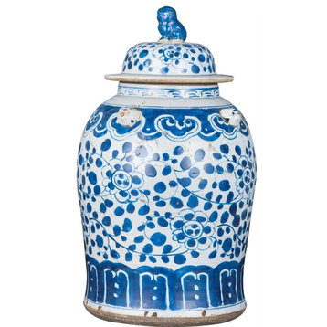 Temple Jar Vase Vintage Curly Vine Flower Small Cerulean Blue Ceramic