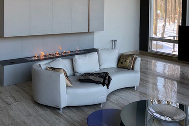Large minimalist open concept multicolored floor home theater photo in Other with gray walls and a projector screen