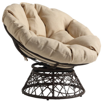 Papasan Chair With Cream Round Pillow Cushion and Brown Wicker Weave