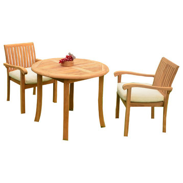 3-Piece Outdoor Patio Teak Dining Set, 36" Round Table, 2 Nain Stacking Chairs