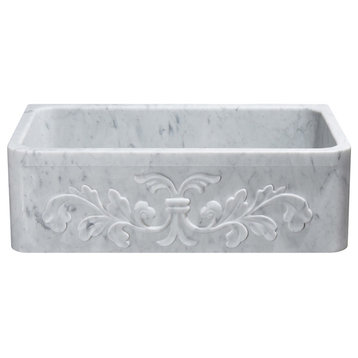 33" Farmhouse Single Sink, Floral Carving Front, Reversible, Carrara Marble