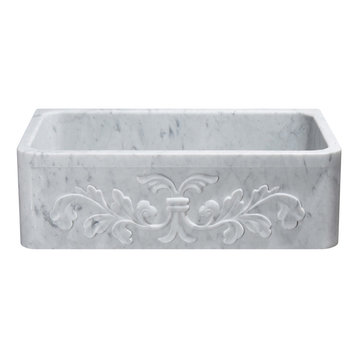 33" Farmhouse Single Sink, Floral Carving Front, Reversible, Carrara Marble
