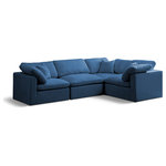 Meridian Furniture - Plush Velvet / Down Standard Comfort L-Shaped Modular Sectional, Navy, 4-Piece: 1 Armless Chair, 3 Corner Chair - No matter how big or little the size of your gang, they can all find their sweet spot when you choose pieces from the Plush collection to build your ideal seating group. Choose this individual Plush piece or pair multiple pieces together to get the custom look everyone will love. The soft navy velvet material is soft and welcoming to the touch, and the set's cushions are overstuffed with a down and feather blend to provide ample support for tired bodies.