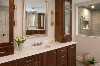 Huge transitional master beige tile and subway tile porcelain tile, brown floor and double-sink bathroom photo in Philadelphia with furniture-like cabinets, dark wood cabinets, an undermount tub, a one-piece toilet, beige walls, an undermount sink, quartzite countertops, a hinged shower door, beige countertops and a built-in vanity