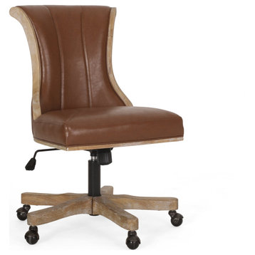 Adjustable Office Chair, Armless Design & Rubberwood Base, Cognac Pu Leather