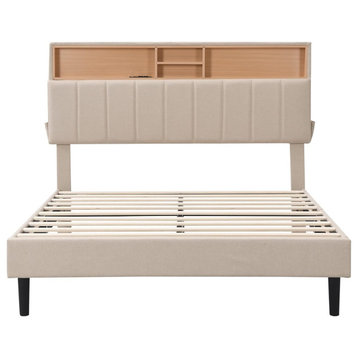 Modern Platform Bed, Upholstered Storage Headboard & USB Ports, Beige/Full