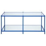 Decor Love - Contemporary Coffee Table, Metal Frame With Mirrored Shelf & Glass Top, Blue - - Includes: one (1) coffee table