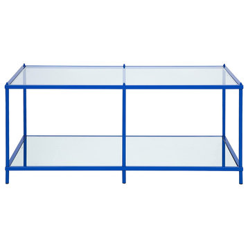 Contemporary Coffee Table, Metal Frame With Mirrored Shelf & Glass Top, Blue